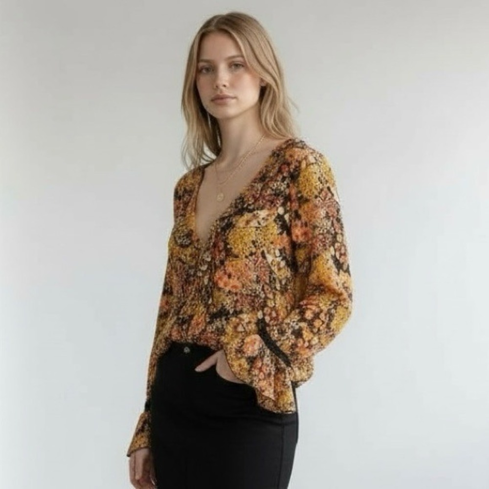 Free People‎ Intimately Floral Ruffle V-Neck Bodysuit Black Lace XS